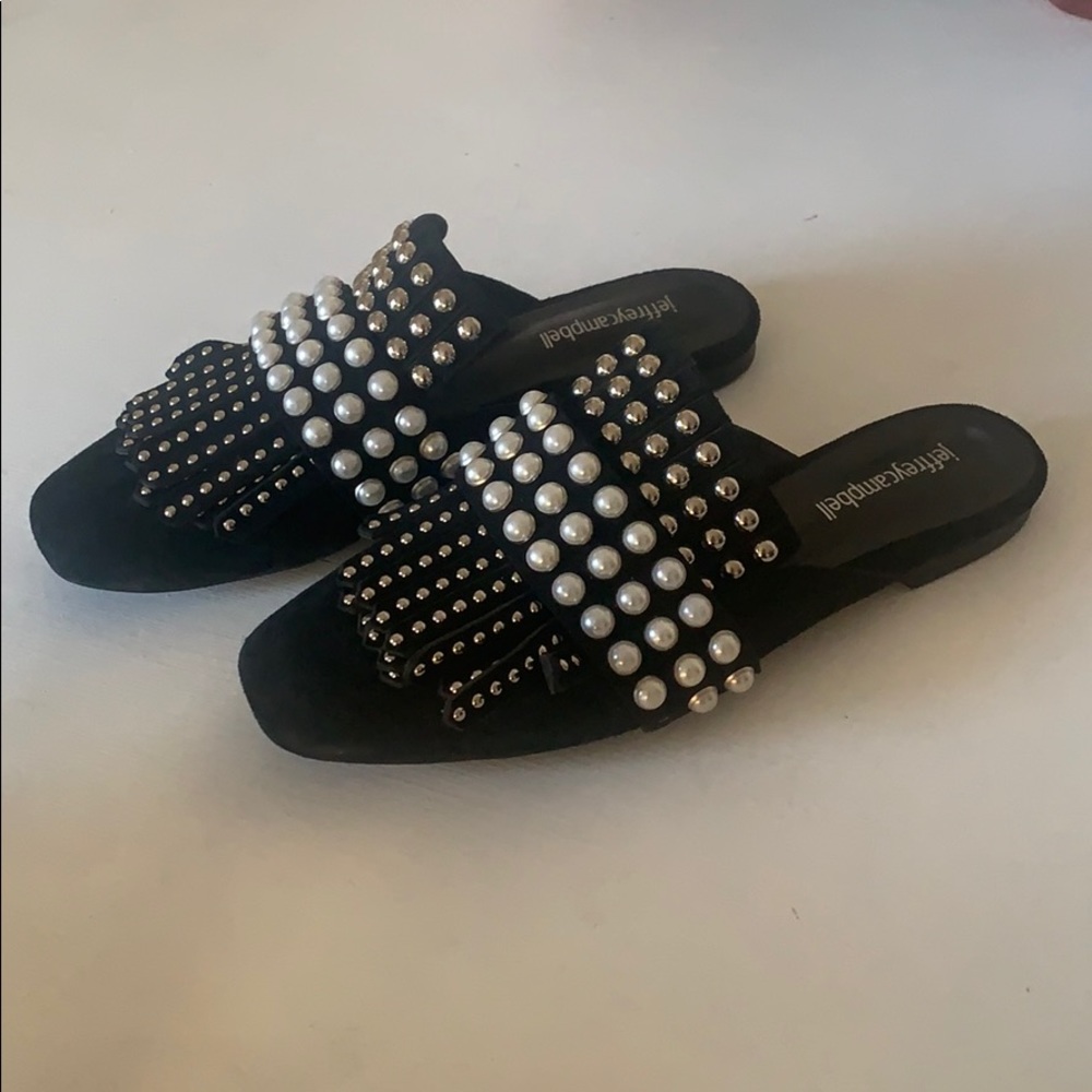 Jeffrey Campbell Black Suede Pearl Stud Mules